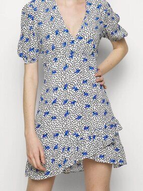 Maje Printed Crêpe Dress With Ruffles Floral V-Neck Mini Dress Size FR 36 / US S